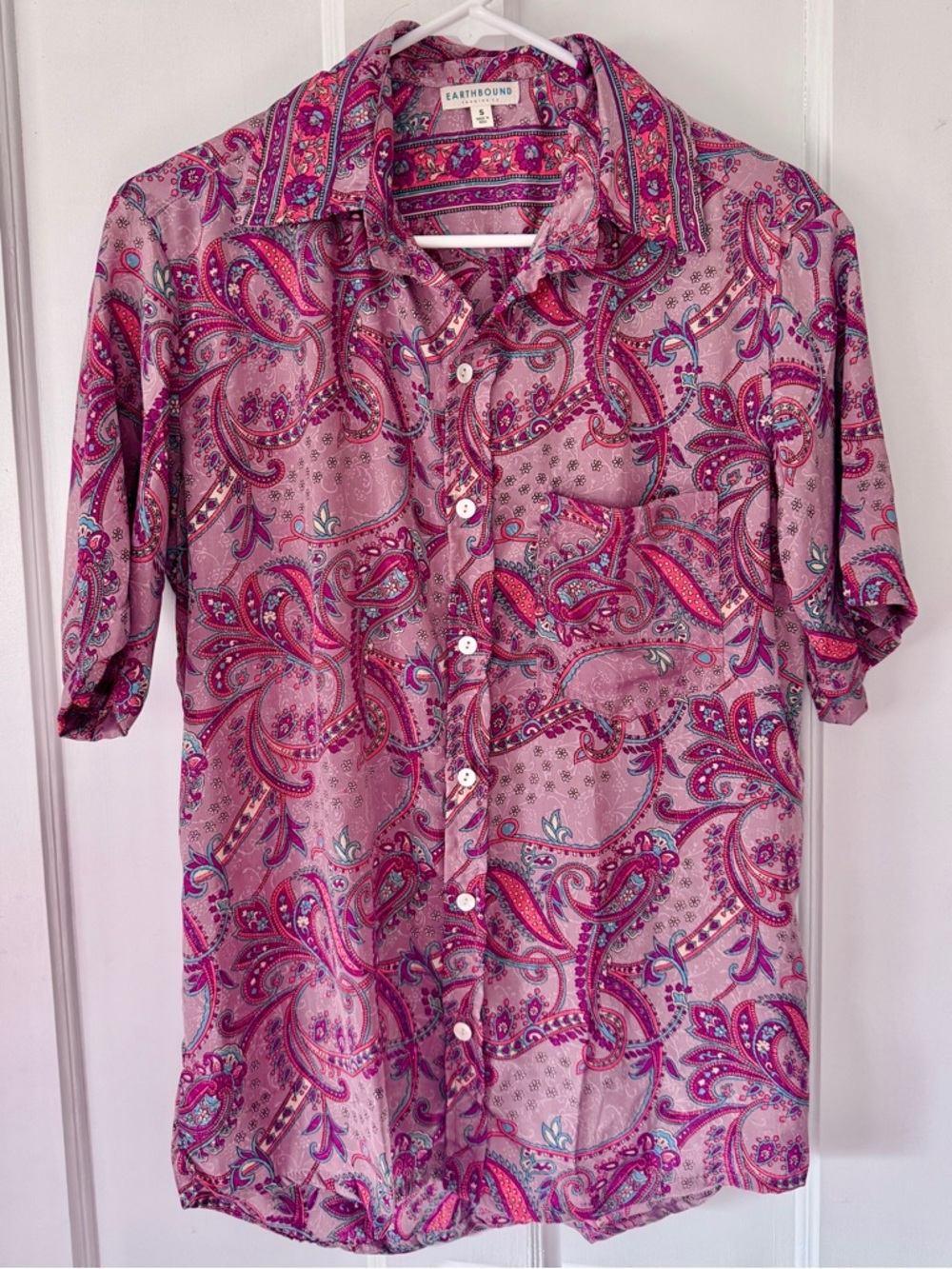 Earthbound Trading Co. Unisex Small Button Down Purple Paisley Boho Shirt